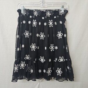 Womens Sz XS sheer Black Ruffle Mini Skirt Embroidered Daisies Fairy Whimsigoth